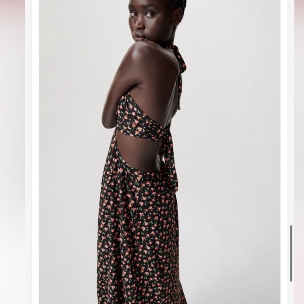 Zara Cut Out Black & Pink Floral Halter Maxi Dress Medium Feminine Romantic